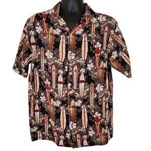 VTG 90s ODO Hawaiian Surfboard Pattern Barkcloth Shirt Black‎ Mens Large